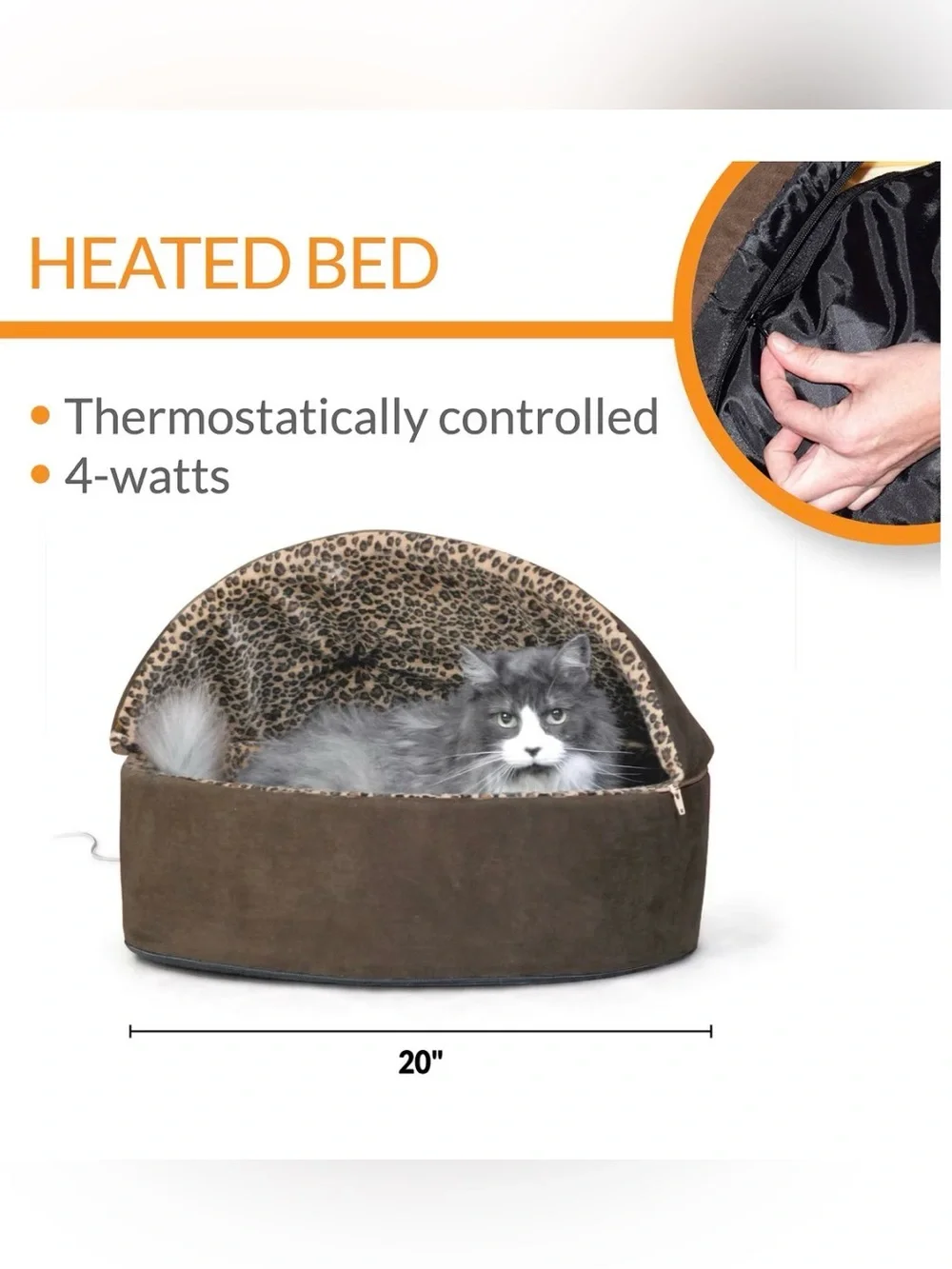 Thermo-Kitty Deluxe Large Heated Pet Bed/Covered Cave - Mocha/Leopard Print
